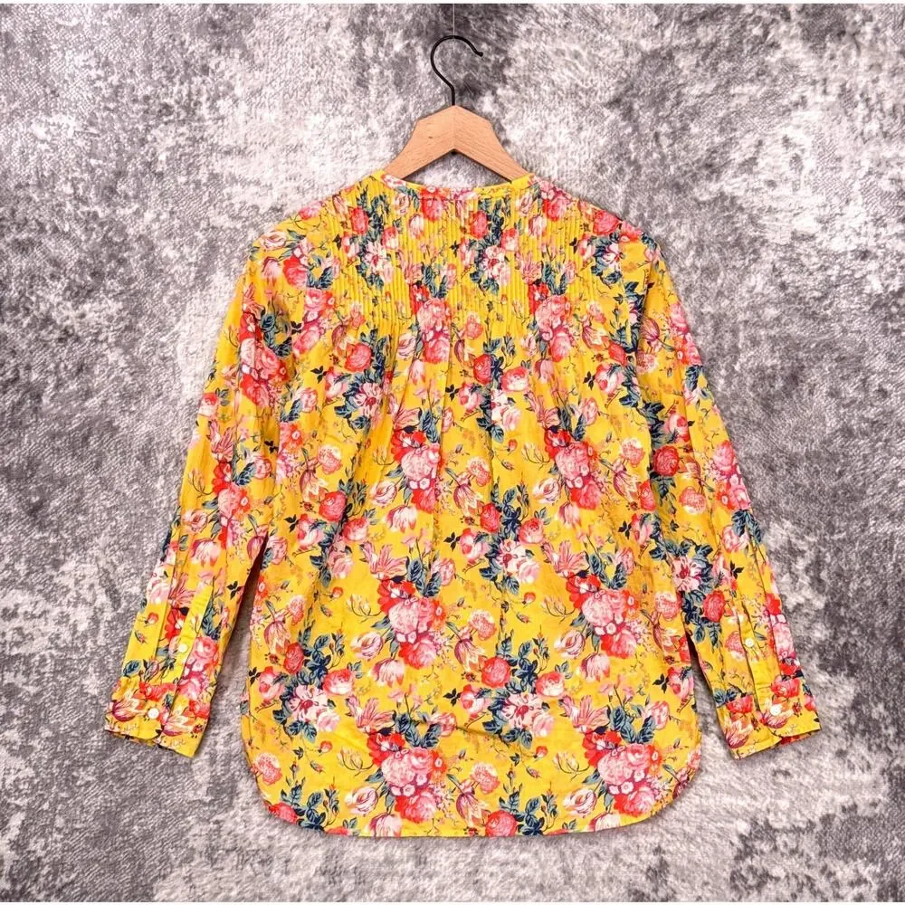 J Crew Top 0 Womens Liberty London Yellow Floral Cotton Pleated Popover Blouse